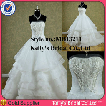 2015 amazing design strapless flower pattern on bodice layer ruche organza wedding dresses new stcock